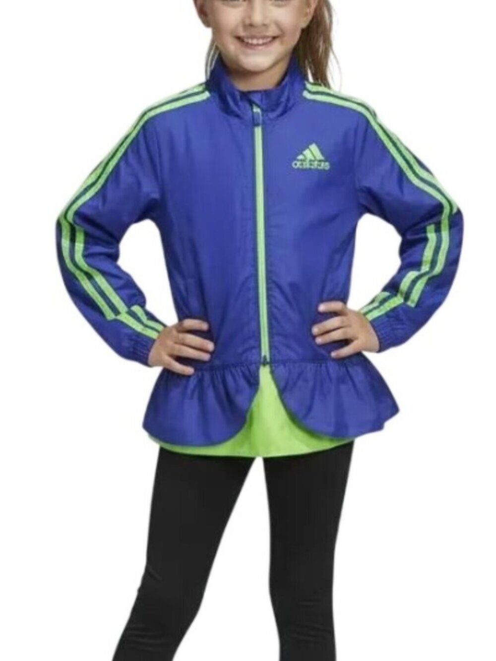 Adidas Girls Blue/Green Petal Ruffle‎ Hem Zip Windbreaker Track Jacket Size 6